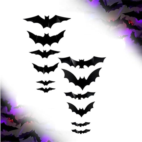 2026 New Halloween 3D Lighted Bats, LED Purple Lighted 3D Bats Halloween Decoration, Upgrade LED Glowing Bat Group Hanging Wall Luminous Glow Clings Multipack (12Pcs Black) thumbnail 3