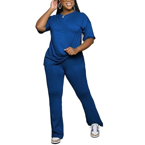 PINSV Women 2 Piece Outfits Short Sleeve Top and Flare Pants Lounge Sets Tracksuit - XX-Large - Blue thumbnail 5