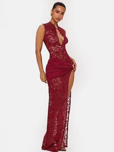 Sukiglam Robe Femme Sexy sans Manches Maxi Robes Col Montant Transparente Dentelle Moulante Robe Longue avec Fente Profonde Ete Chic et Elégant Ajouré Robes de Soiree Cocktail Mariage Gala Cérémonie thumbnail 9