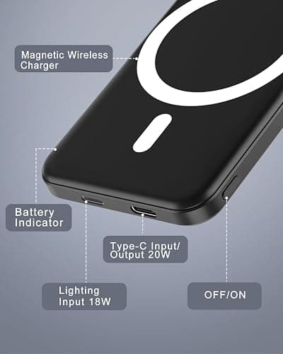 podoru for Magsafe Battery Pack, 5000mAh Magnetic Power Bank with Type-C Cable 20W PD Fast Charging Lighting Input Wireless Portable Charger for iPhone 16/15/14/13/12/ All Series-Black - Space Black thumbnail 5