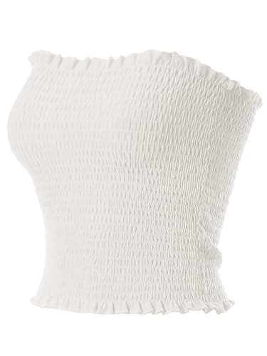 MixMatchy Women's Ruffled Smocking Crop Tube Tops Summer Casual Bandeau Top - X-Large - A White - Image 1