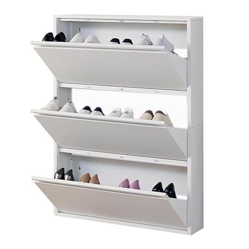 iCHENGGD Shoe Storage Cabinet with 3 Flip Drawers, Hidden Slim Narrow Shoe Rack Cabinet, Wall Mount Metal Shoe Cabinet for Entryway, White - Image 1