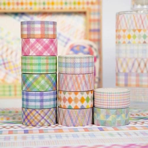 YUBX Basic Grid Washi Tape Set 12 Rolls Plaid Decorative Masking Tapes for Arts, DIY Crafts, Journals, Planners, Scrapbook, Wrapping (Colored) thumbnail 4