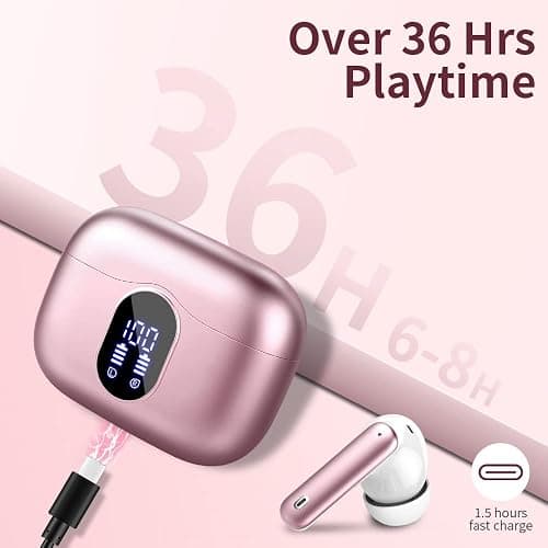 Wireless Earbuds Bluetooth 5.3 Headphones Bass Stereo Ear Buds with Noise Cancelling Mic LED Display in Ear Earphones IP7 Waterproof 36H Playtime for Laptop Pad Phones Sports Workout Pink Gold thumbnail 7