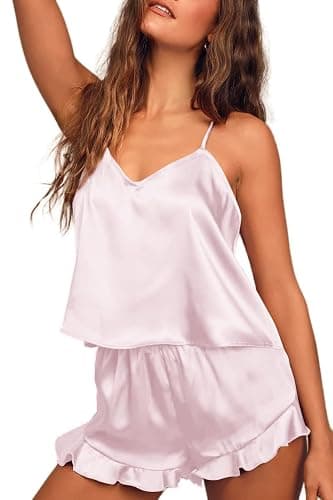 Ekouaer Satin Pajama Set for Women Silk Pjs for Women Set Camisole Top and Shorts with Ruffle Sleepwear - Image 1