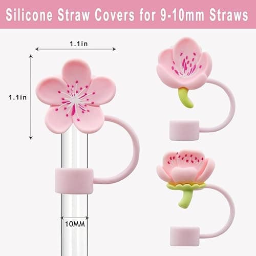 Meitesti Pfirsichblüten-Stroh-Abdeckkappe für Stanley-Becher, niedlicher Strohhalm-Aufsatz, 10 mm, 6 Stück, Silikon, personalisierbar, 6 Stück, Rosa thumbnail 3