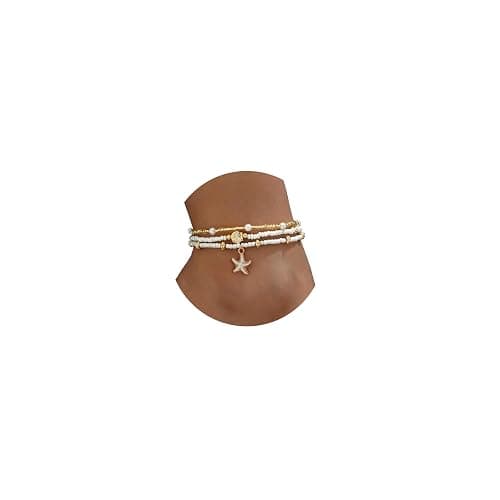 Qceasiy Bead Ankle Bracelets Set For Women, Adjustable Gold Plated Boho Shell Anklet, Hawaiian Beach Seashell Pearl Disc Starfish Conch Foot Jewelry, Summer Fashion Gifts - Image 1