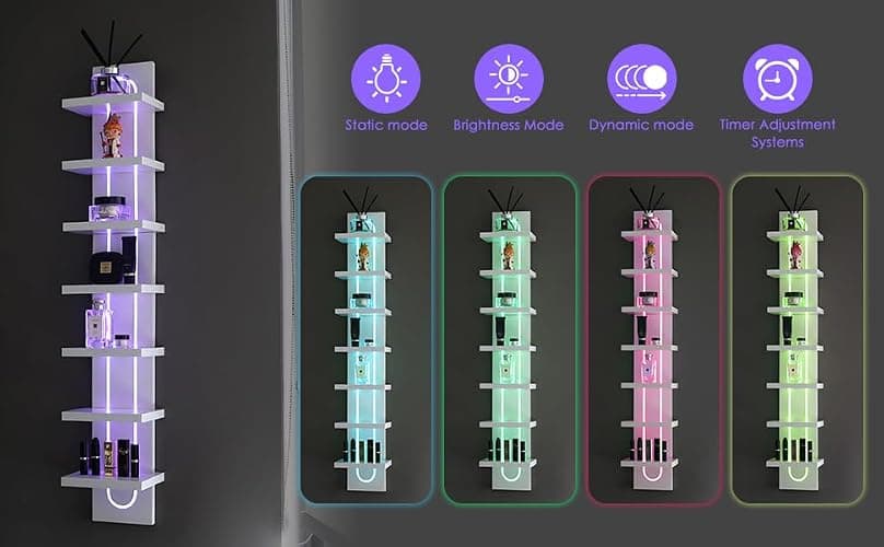 AskTag U-Shaped 7-Tier Compact Narrow RGB Light Wall Shelf Unit, White | Modern Vertical Shelf for Vanity, Ideal for Anime Figures, Perfumes, Cosmetics, Colleclibles thumbnail 5