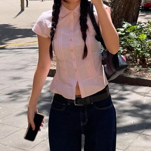 Bosloga Short Sleeve Blouse for Women Button Down Pleated Shirt Vintage Crop Top Fitted Polo Collar Shirt Cute Y2k Tops (Pink,Medium) thumbnail 3