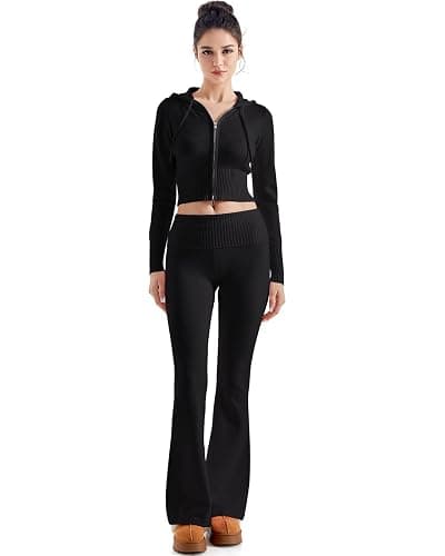 SUUKSESS Women 2 Piece Knit Sets Cropped Zip Up Hoodie Foldover Flare Leg Pants - Image 1