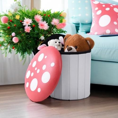 Wiosi Cute Mushroom Ottoman Stool for Boys & Girls - Multipurpose Storage Ottoman for Toys & Clothes - Small Ottoman Foot Stool for Bedroom - Mushroom Decor Chair - Round Storage Ottoman thumbnail 2