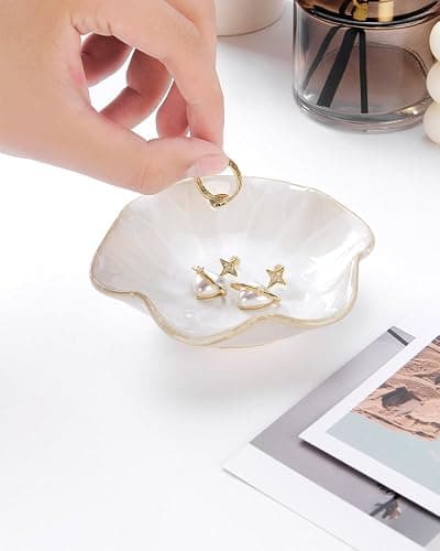 JAMEND CLXP 2PCS Lotus Leaf Shape Ring Holder Dish, Small Key Bowl, Ceramic Trinket Tray Jewelry Dish Organizing Necklace Earrings for Mom Friend Sister, All Jewelries Are NOT Included. White +Pink.… thumbnail 5