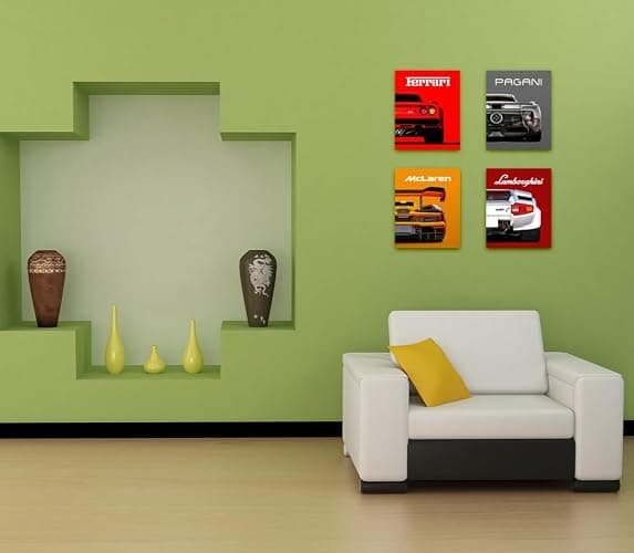 Modern Car Posters Classic Supercar Wall Art Prints, Ferrari Lamborghini McLaren Pagani Canvas Posters for Man Cave Boys Room Wall Decor, Sports Car Art Prints, 4 Set - 8"x10" Frame, Ready to Hang thumbnail 2