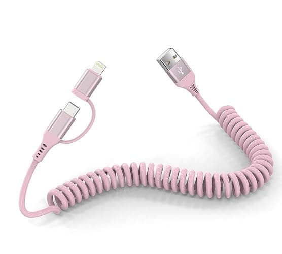 Pink Retractable Car Charger Coiled Lightning Cable - 2 in 1 Lightning and USB C Cable for Apple Carplay & Android Auto [MFi Certified] 3A Fast Charge & Data Sync Pink Coiled i Phone Charger Cord - Image 1