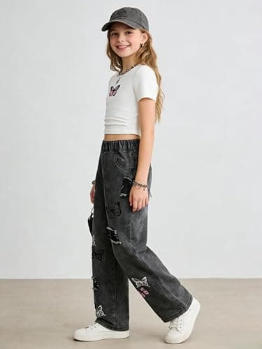 Azmxynol Tween Girl Clothes Short Sleeve Top + Butterfly Design Jeans 2 Pieces Spring Summer Outfit Set, Size 6-14 Years thumbnail 4