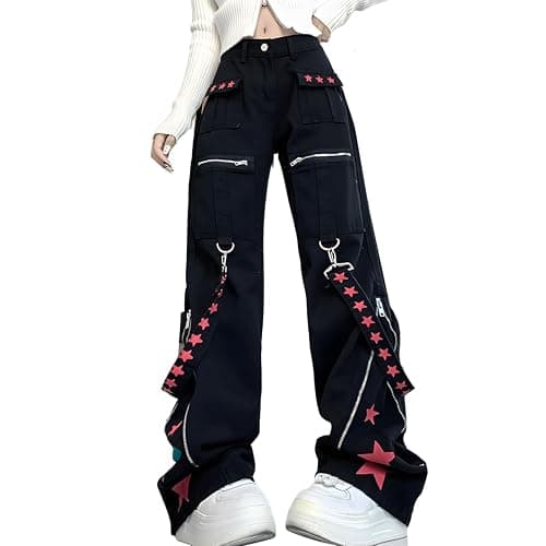 RILGOU Y2K Grunge Goth Vintage Casual High Waist Straight Wide Leg Zipper Red Star Straps Trim Jeans Cargo Pants - Image 1