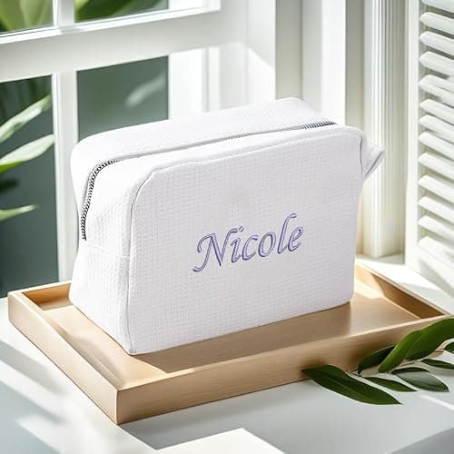GOPHIE Personalized Embroidered Makeup Bag,Custom Waffle Fabric Cosmetic Pouch for Women, Travel Makeup Pouch (1, White) thumbnail 2