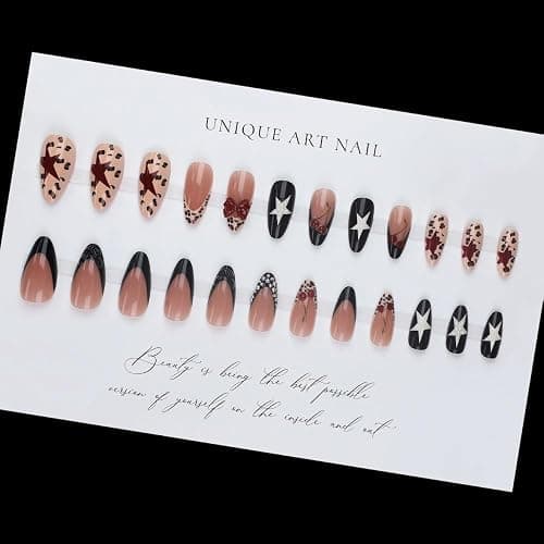 French Tips Press on Nails Medium Almond Fake Nails with 5D Bow Charm Design Glossy Leopard Prints Star Nails Press on Reusable Pearl Cherry False Nail Spring Summer Nail for Women Manicure 24Pcs thumbnail 4