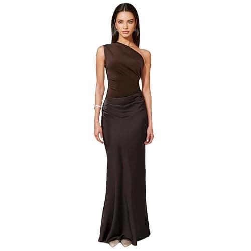 RARITYUS Women’s Elegant One Shoulder Maxi Dress Satin Ruched Bodycon Wedding Guest Dress Flowy Cocktail Evening Dresses - Image 1