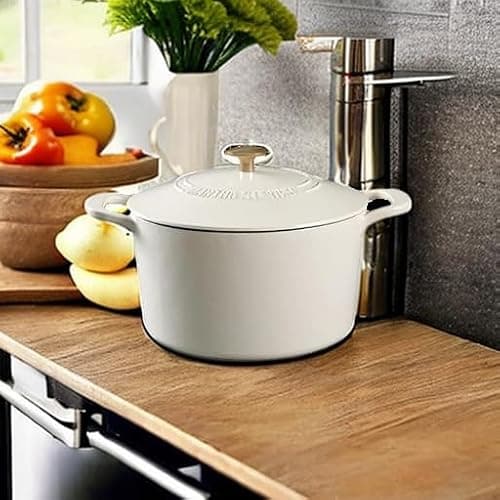 MARTHA STEWART Gatwick 7-Quart Enamel Cast Iron Dutch Oven – Linen White With Gold – Heavy-Duty Dutch Oven for Slow Cooking, Braising & Baking thumbnail 2