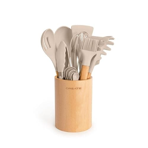 CREATE/Set d'utensiles de cuisine Sable et bois / 11 Utensiles de cuisine en silicone et bois hêtre naturel, sans BPA, jusqu'à 230°C - Image 1