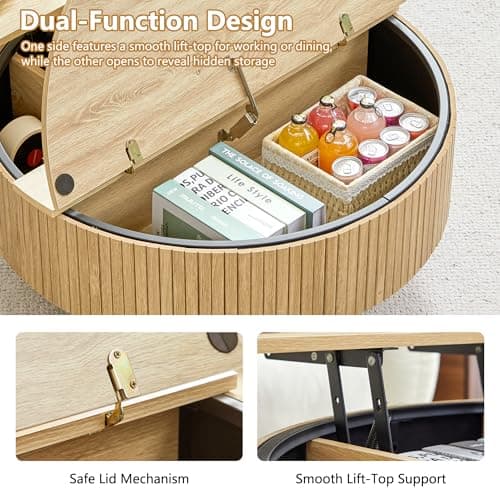 33" Round Coffee Table with Lift-Top & Flip-Top Storage, Modern Accent Fluted Coffee Tables with Metal Frame, Wooden Circle Center Table for Living Room Small Space Apartment Office (Natural) thumbnail 5