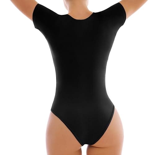 Walifrey Short Sleeve Bodysuits for Women Round Neck Basic Stretchy T Shirts Bodysuits Tops thumbnail 3
