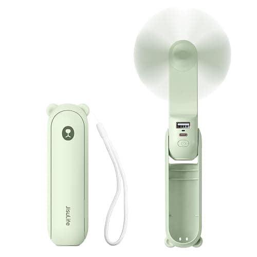 JISULIFE Handheld Mini Fan, 3 IN 1 USB Rechargeable Portable Fan [12-19 Working Hours] with Power Bank, Flashlight, Pocket Design for Travel/Summer/Concerts/Lash, Gifts for Women(Green) - Image 1