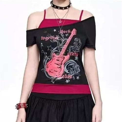 Baby Tee Y2k Women Grunge Top Emo 2000s Vintage Fake Two Piece Short Sleeve T Shirt Crop Tops Teens thumbnail 4