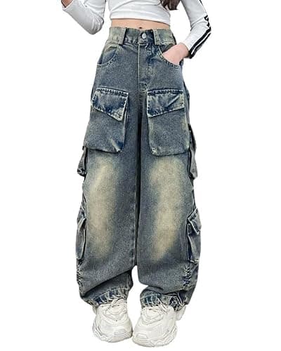 AOWKULAE Girls Jeans Cargo Pants Baggy Wide Leg High Elastic Waistband Kids Straight Denim Pant with Pockets 5-14Y - Image 1