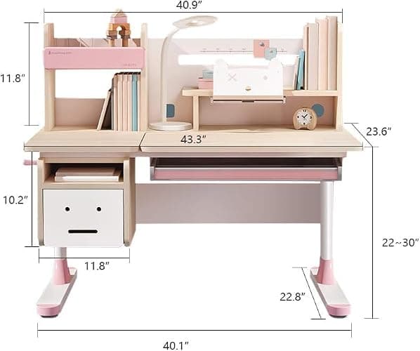 FCD Wood Adjustable Height Kids Study Desk with Chair, Reading Homework Drawing Table Computer Station Built-in Bookshelf Hutch, Tablet Holder, Tiltable Desktop and Storage Drawer (Pink, Wood of Fir) thumbnail 2
