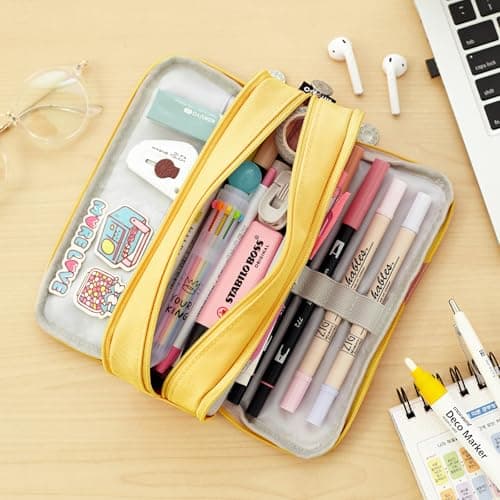 FAHZON Cute Pencil Case, 3 Large Compartments Pencil Pouch, Elastic Pen Slots&Mesh Pockets for Stationery, Pencil Bag for School Supplies with Zipper for Girls Boy Women Teens Adults-Yellow thumbnail 4