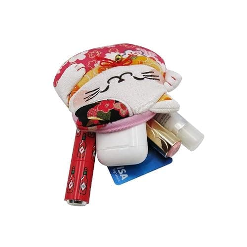 BAR AUTOTECH Zipper Maneki Neko lucky cat coin purse- Chirimen Kimono Print Style kawaii Cat Coin Wallet Holder for Coin Money Credit cards (Red) thumbnail 8
