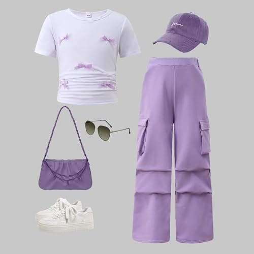 Zylvae Girls 2 Piece Clothes Cute Bow Decoration T-Shirt Top + Cargo Pants Teen Girl 2pcs Outfit Set, Size 8-13 Years thumbnail 8