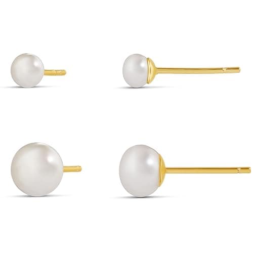 Amazon Essentials 14K Gold or Sterling Silver Freshwater Pearl Stud Earring Set thumbnail 2