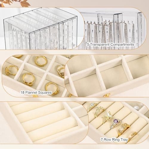 Greenfeather Jewelry Organizers and Storage, Clear Acrylic Jewelry Box with 40 Necklace Hooks 120 Pairs of Earring Holes 2 Velvet-Lined Drawers for Rings Necklaces Earrings thumbnail 2