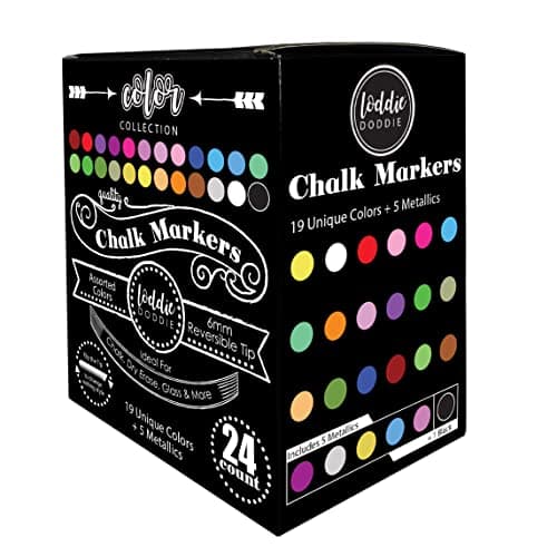 Loddie Doddie Liquid Chalk Markers | Dust Free Chalk Pens - Perfect for Chalkboards, Blackboards, Windows and Glass | 6mm Reversible Bullet & Chisel Tip Erasable Ink (Pack of 24) - Image 1