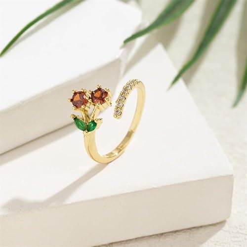 CZ Red Cherry Fruit Stacking Statement Ring for Women Gold Plated Adjustable Expandable Crystal Leaf Open Wrap Finger Rings Comfort Fit Dainty Birthday Halloween Christmas Jewelry Gift thumbnail 5