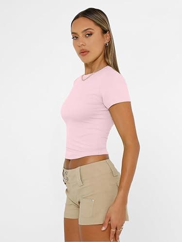 AUTOMET Women's Crew Neck Short Sleeve Summer Basic T-Shirt Stretchy Tight Fitted Soft Going Out Workout Gym Tops thumbnail 5