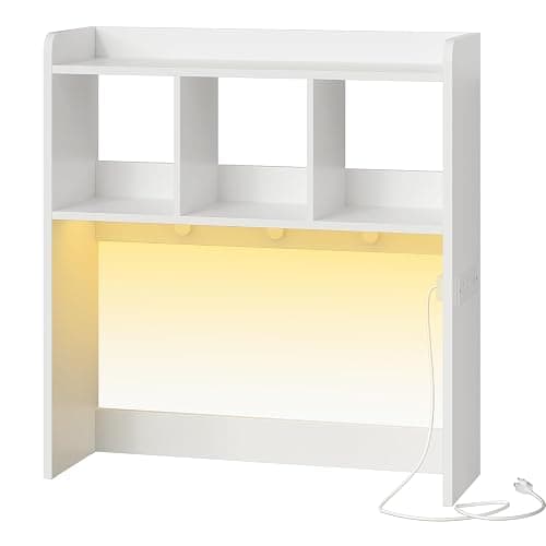 HOOBRO Desktop Bookshelf, Office Desktop Shelf, Desk Hutch with Outlets, Wooden Office Desktop Bookcase, Desktop Organizer Shelf with LED Light Strip and 3 Hooks, for Home, Study, White WT12UDSJ01 thumbnail 9