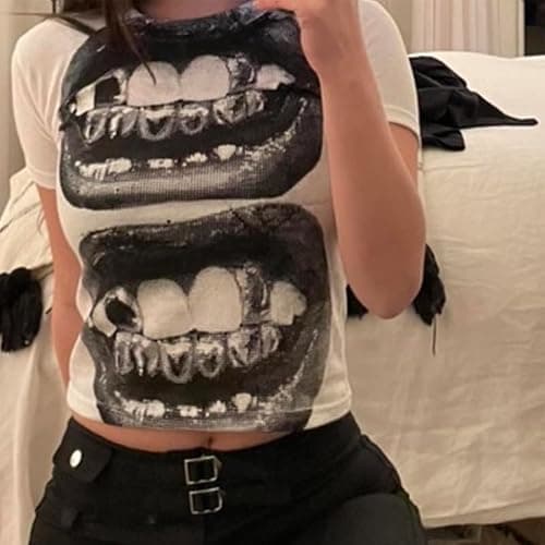 Baby Tees Y2k Shirt 90s Outfit Woman 2000s Fashion Graphic Tees Y2k Cute Shirts Vintage Clothes - Small - White09 thumbnail 5
