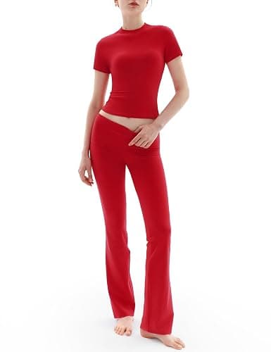 PUMIEY Women's 2 Piece Lounge Sets Short Sleeve Tops Fold-Over Flare Pants Casual Outfits Matching Set Nap Collection - Image 1