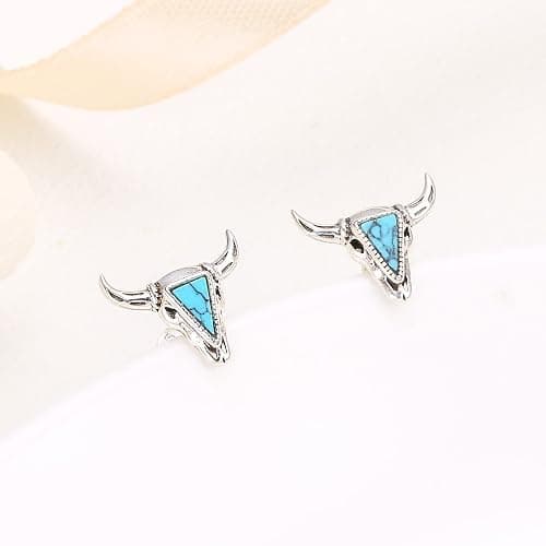 Western Cow Set 925 Sterling Silver Turquoise Cow Skull Earrings/Choker Necklace Cowgirl Boot Dangle Earrings Cowgirl Cowboy Jewelry Set Bohemian Jewelry Gift for Women Men - Western Cow thumbnail 7