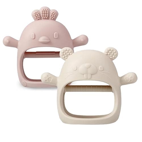 PandaEar 2 Pakc Silicone Baby Teething Toys| Baby Hand Teether Mitten for Sucking Needs| Baby Chew Toys Hand Pacifier for Soothing Teething Pain Relief (White/Pink) - Image 1