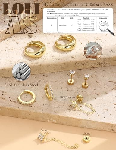 LOLIAS Flat Back Earrings for Women Hypoallergenic Surgical Steel Earrings for Sensitive Ears-20G Cartilage Earring Stacks 14K Gold Plated Hoops Flatback Stud Earring Sets for Multiple Piercing thumbnail 3