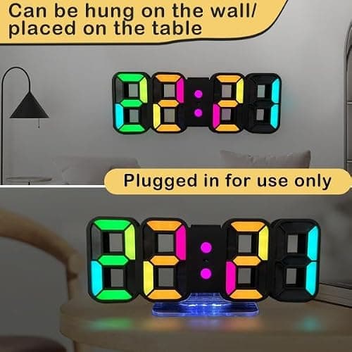 Seutgjie Horloge Murale Numérique Digitale Réveil Lumineux LED 14 RGB Couleur 12/24 Heures Mode Veille avec Télécommande Décoration Bureau Gaming Chevet Noir thumbnail 3