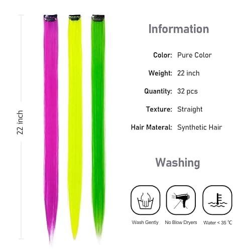 KGBFASS 32Packs Colored Hair Extensions 20Inch Straight Color Clip in on Hair Extension Rainbow Party Highlights Synthetic Hairpiece for Girls (16 colors) - Rainbow color-32Pcs thumbnail 3
