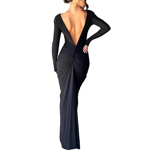 Geagodelia Robe Femme Maxi-Longue Sexy Moulante à Manches Longues, Robe de Soirée Col Deep V ou Dos Nu avec Deux Moyens à Porter - Image 1
