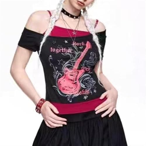 Baby Tee Y2k Women Grunge Top Emo 2000s Vintage Fake Two Piece Short Sleeve T Shirt Crop Tops Teens thumbnail 2