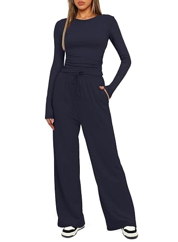 Navy blue Darong Women's 2 Piece Sets 2025 Fall Outfits Long Sleeve Wide Leg Tracksuits Casual Lounge Set Matching Sets thumbnail 3